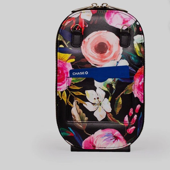 MONARQUE PINK FLORAL ON BLACK CROSSBODY BAG PURSE WALLET WATERCOLOR FLORAL PURSE - Picture 6 of 13